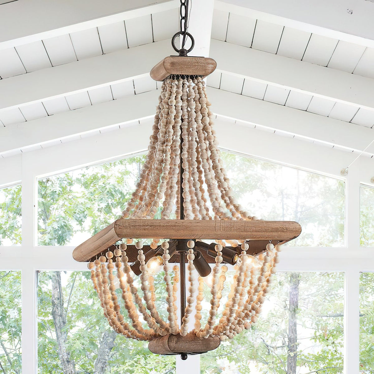 Regas Chandelier - Distressed Wooden Bead Tiered Light