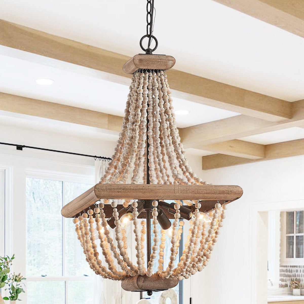 Regas Chandelier - Distressed Wooden Bead Tiered Light