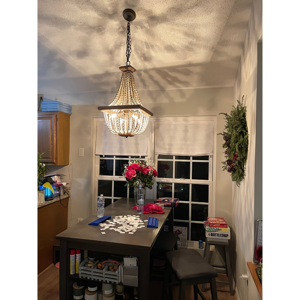 Regas Chandelier - Distressed Wooden Bead Tiered Light