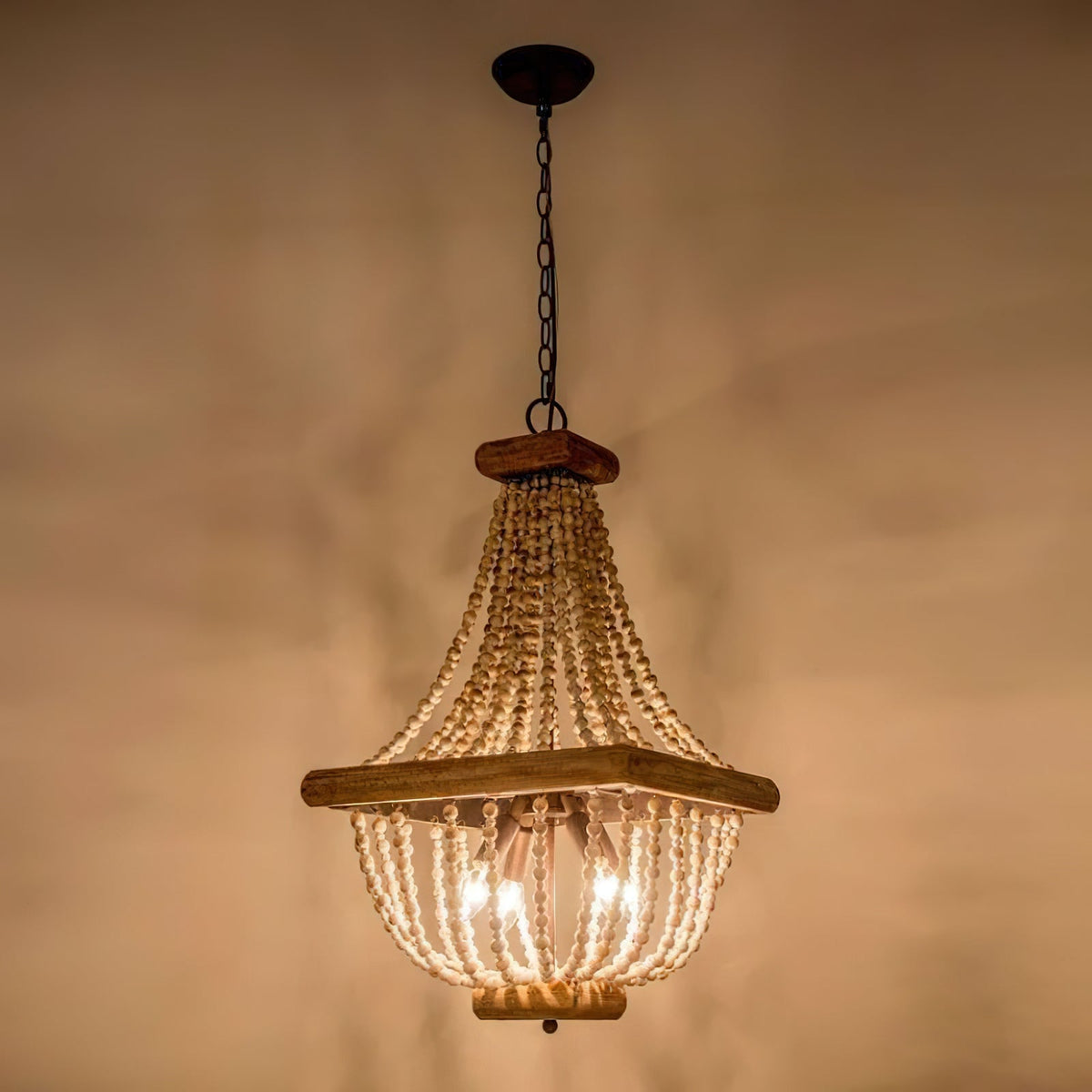 Regas Chandelier - Distressed Wooden Bead Tiered Light