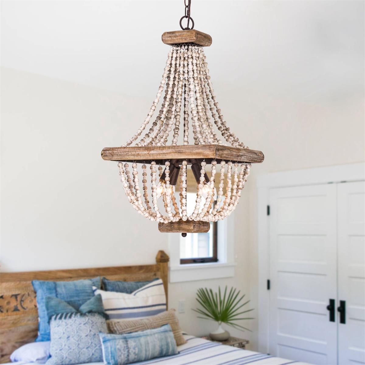 Regas Chandelier - Distressed Wooden Bead Tiered Light
