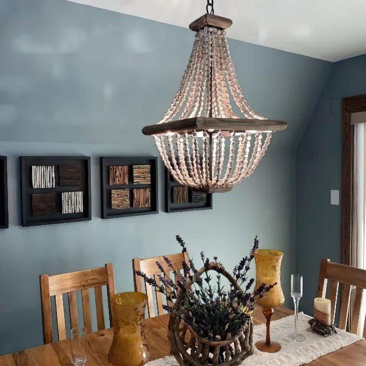 Regas Chandelier - Distressed Wooden Bead Tiered Light