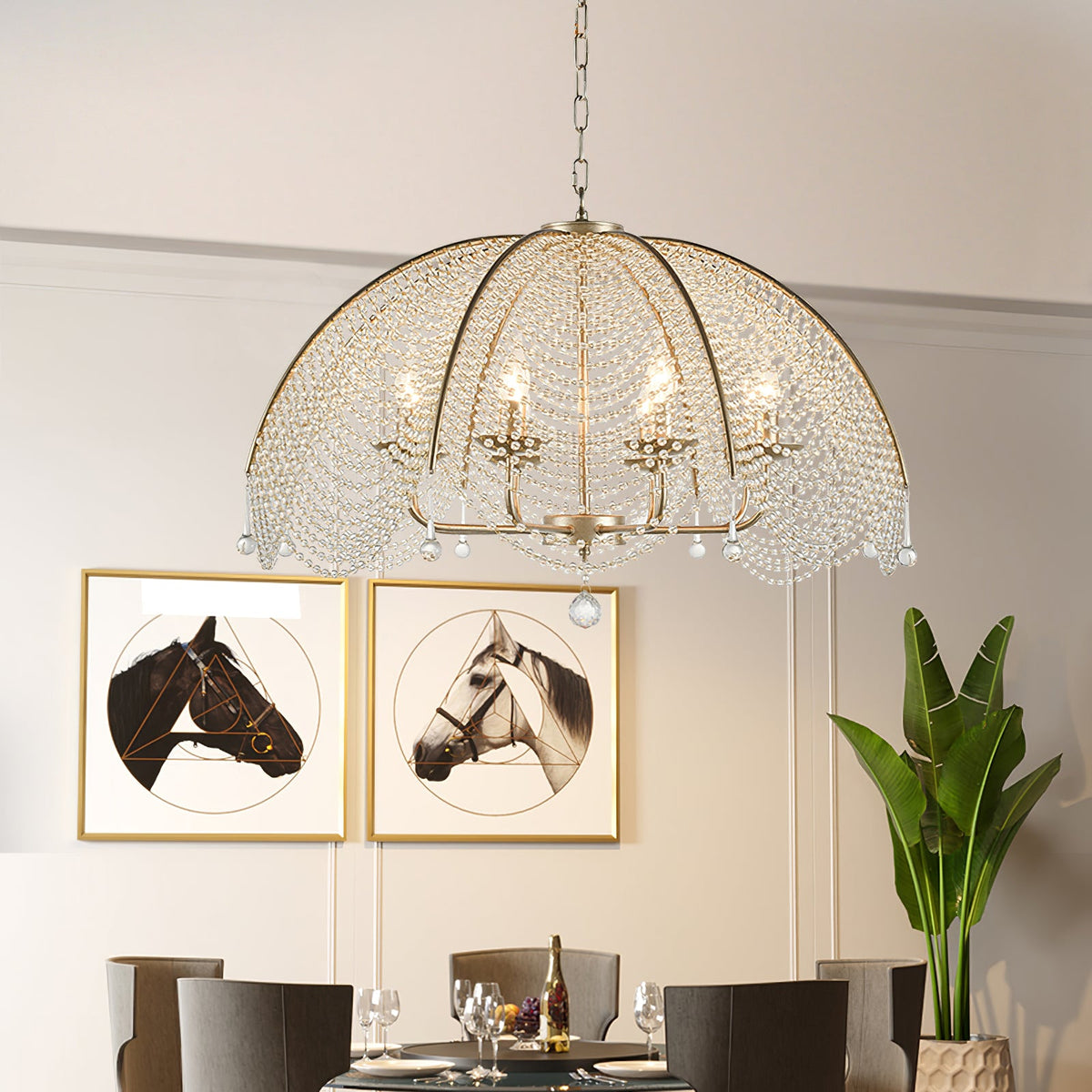 Regency Style Beads Chandelier - Gold Umbrella Frame & Crystal Beading