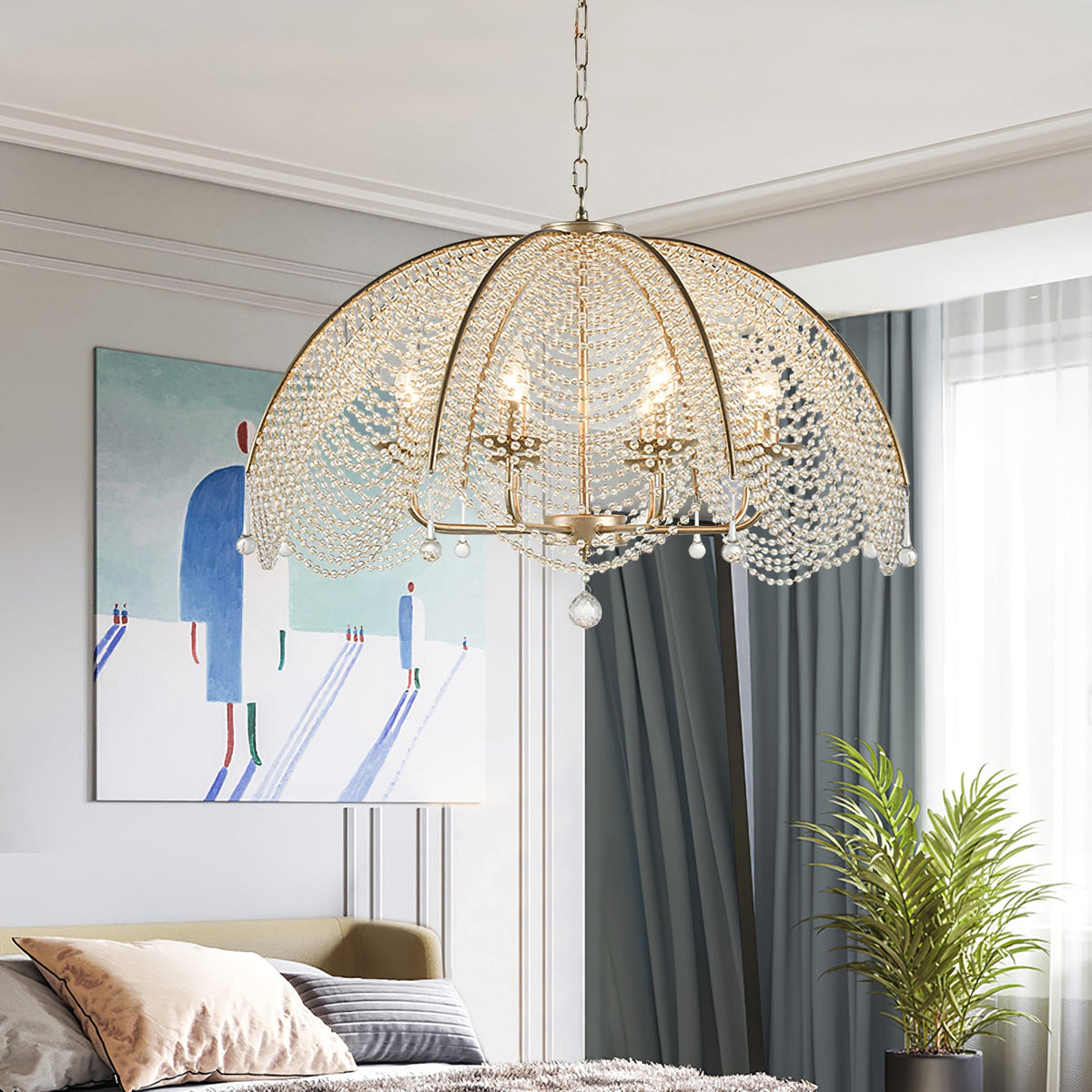 Regency Style Beads Chandelier - Gold Umbrella Frame & Crystal Beading