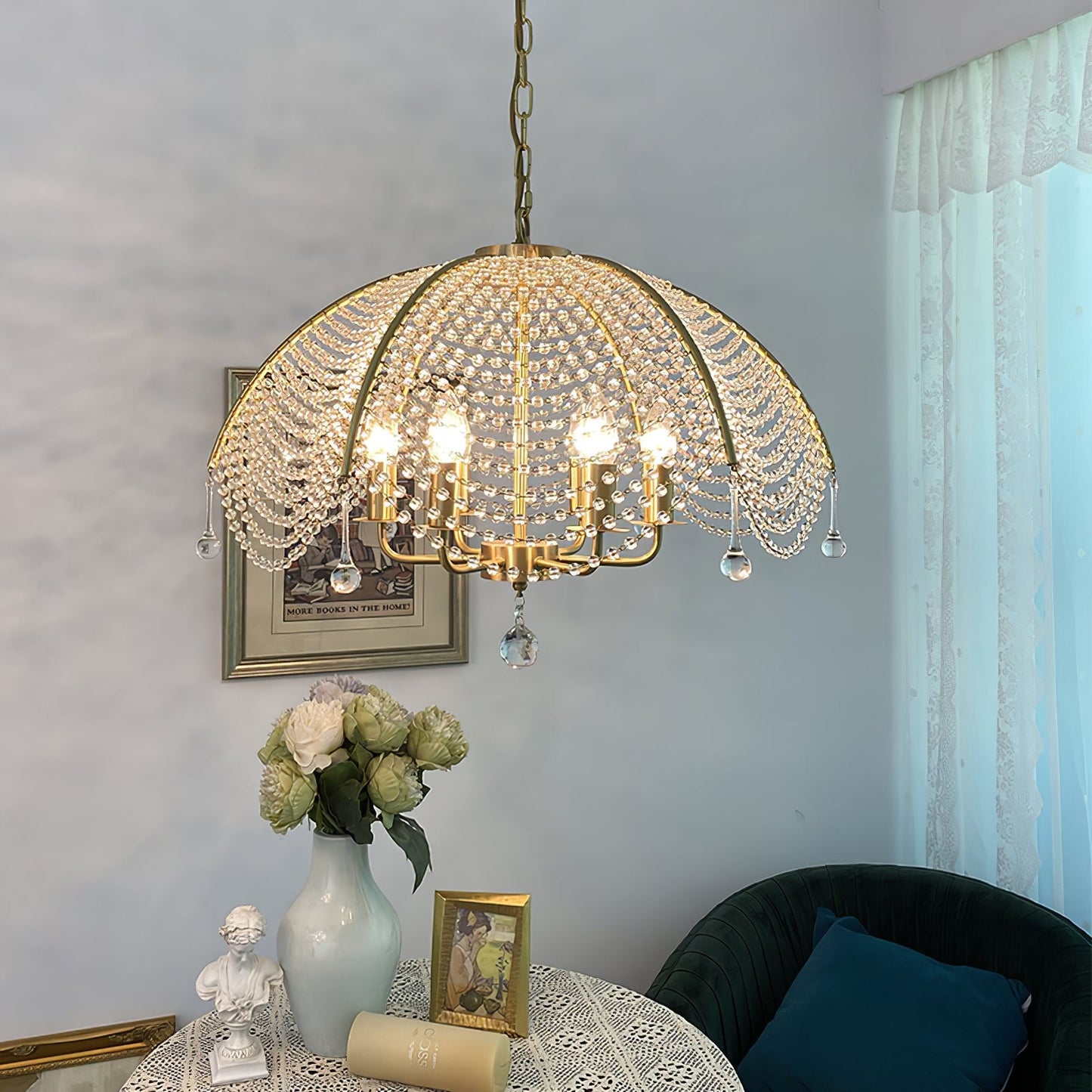 Regency Style Beads Chandelier - Gold Umbrella Frame & Crystal Beading