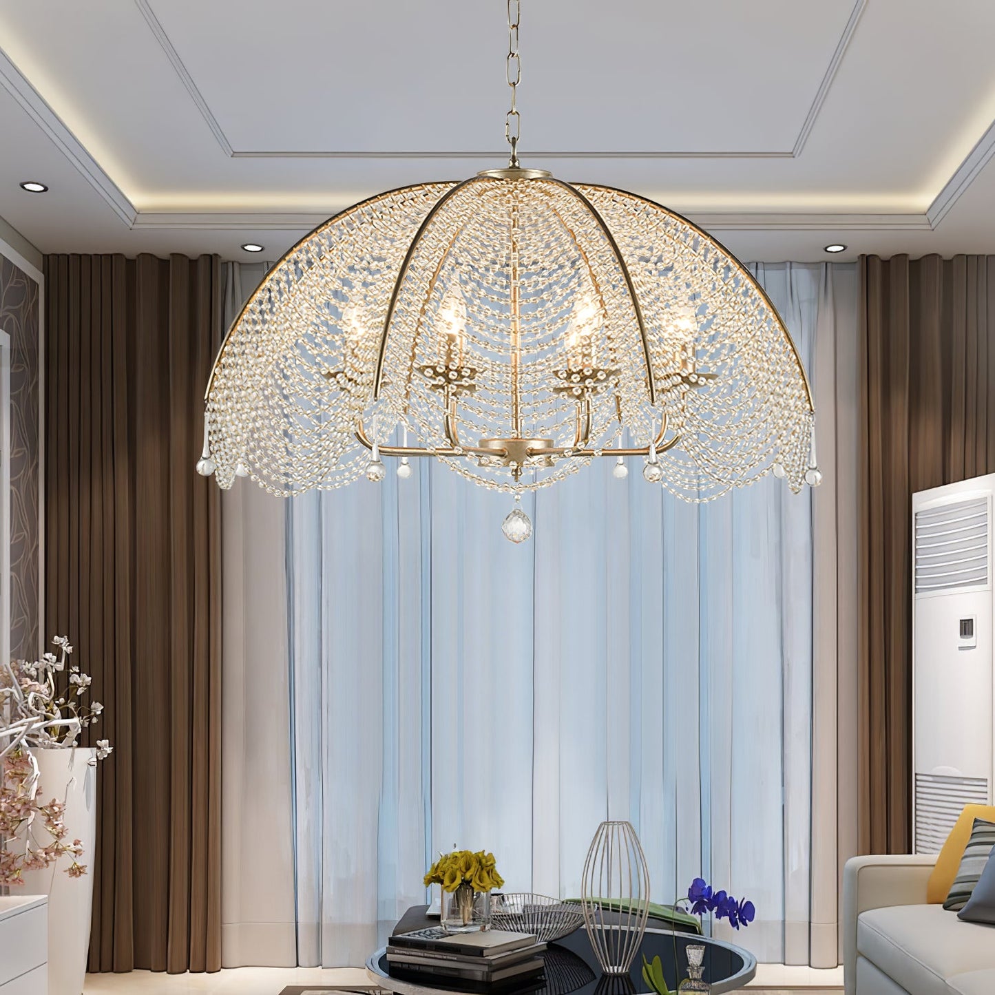 Regency Style Beads Chandelier - Gold Umbrella Frame & Crystal Beading