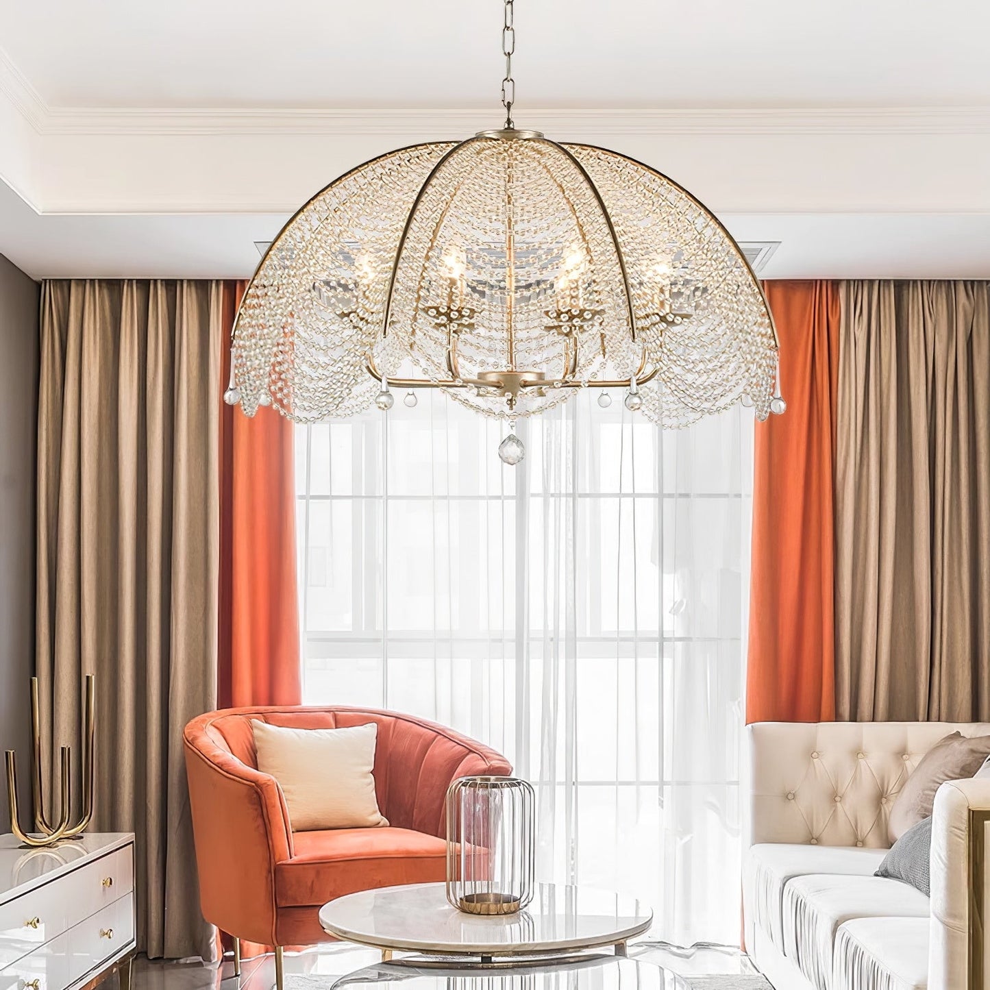 Regency Style Beads Chandelier - Gold Umbrella Frame & Crystal Beading