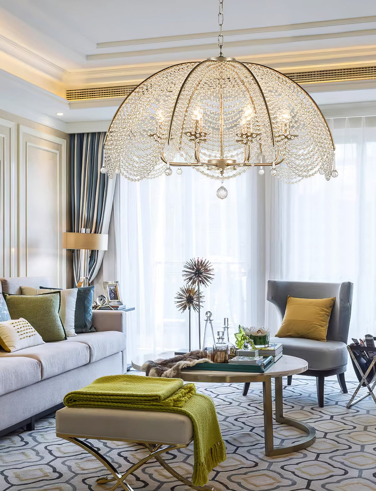 Regency Style Beads Chandelier - Gold Umbrella Frame & Crystal Beading