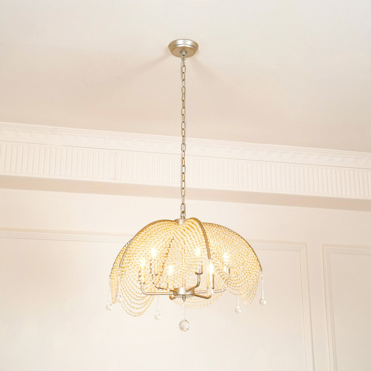 Regency Style Beads Chandelier - Gold Umbrella Frame & Crystal Beading