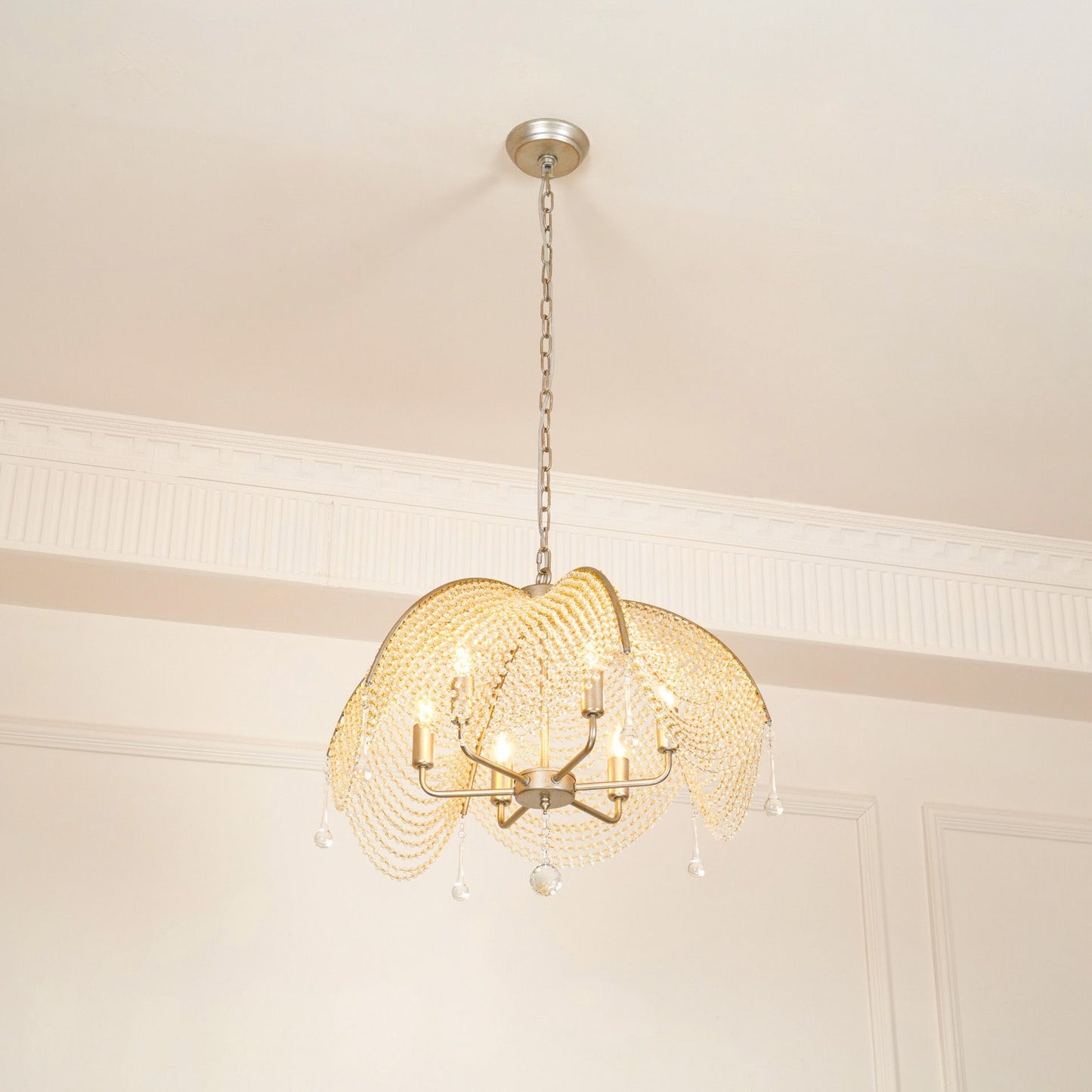 Regency Style Beads Chandelier - Gold Umbrella Frame & Crystal Beading
