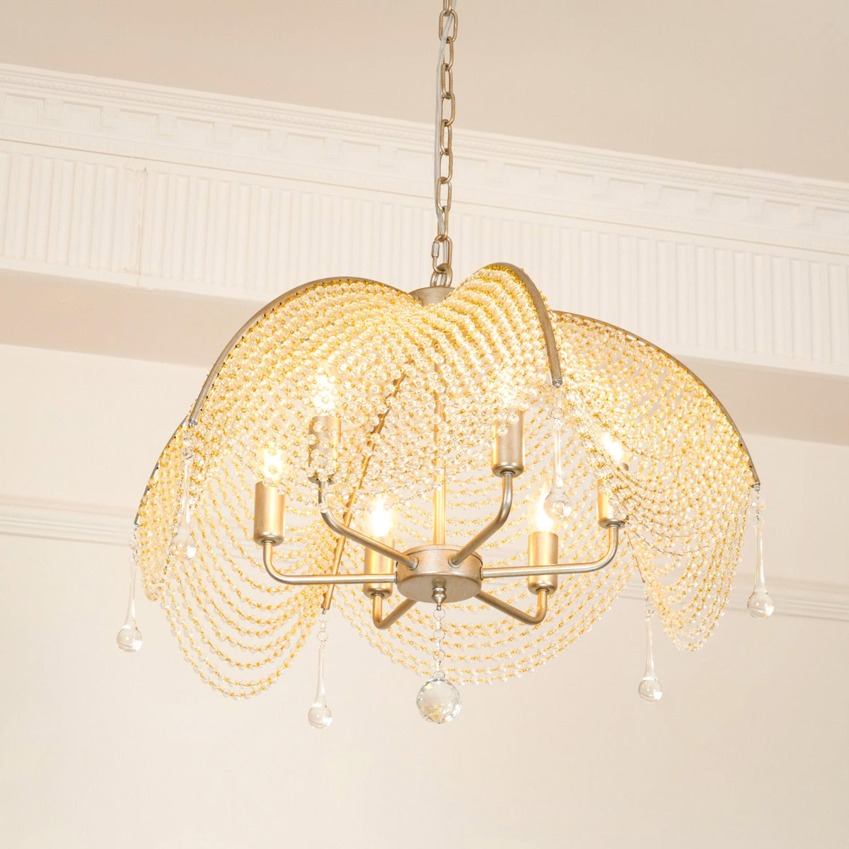 Regency Style Beads Chandelier - Gold Umbrella Frame & Crystal Beading