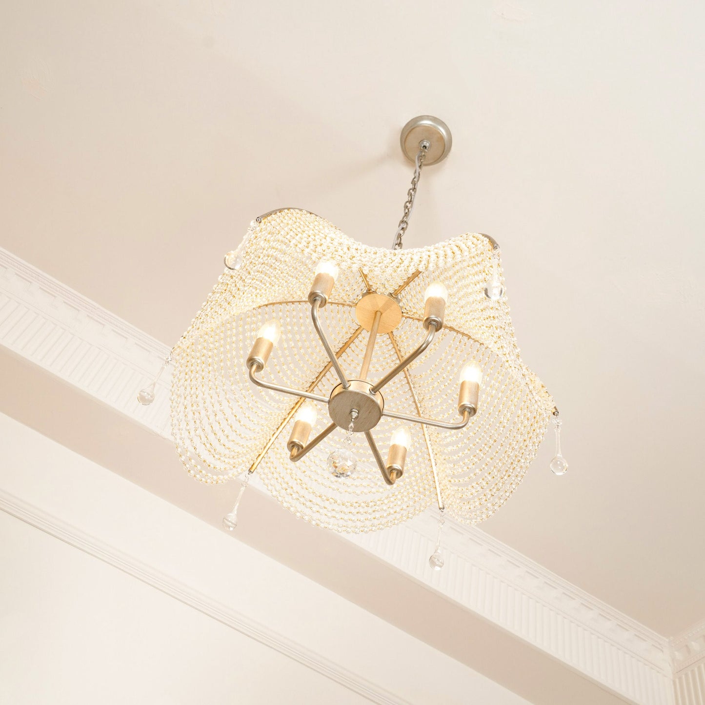 Regency Style Beads Chandelier - Gold Umbrella Frame & Crystal Beading