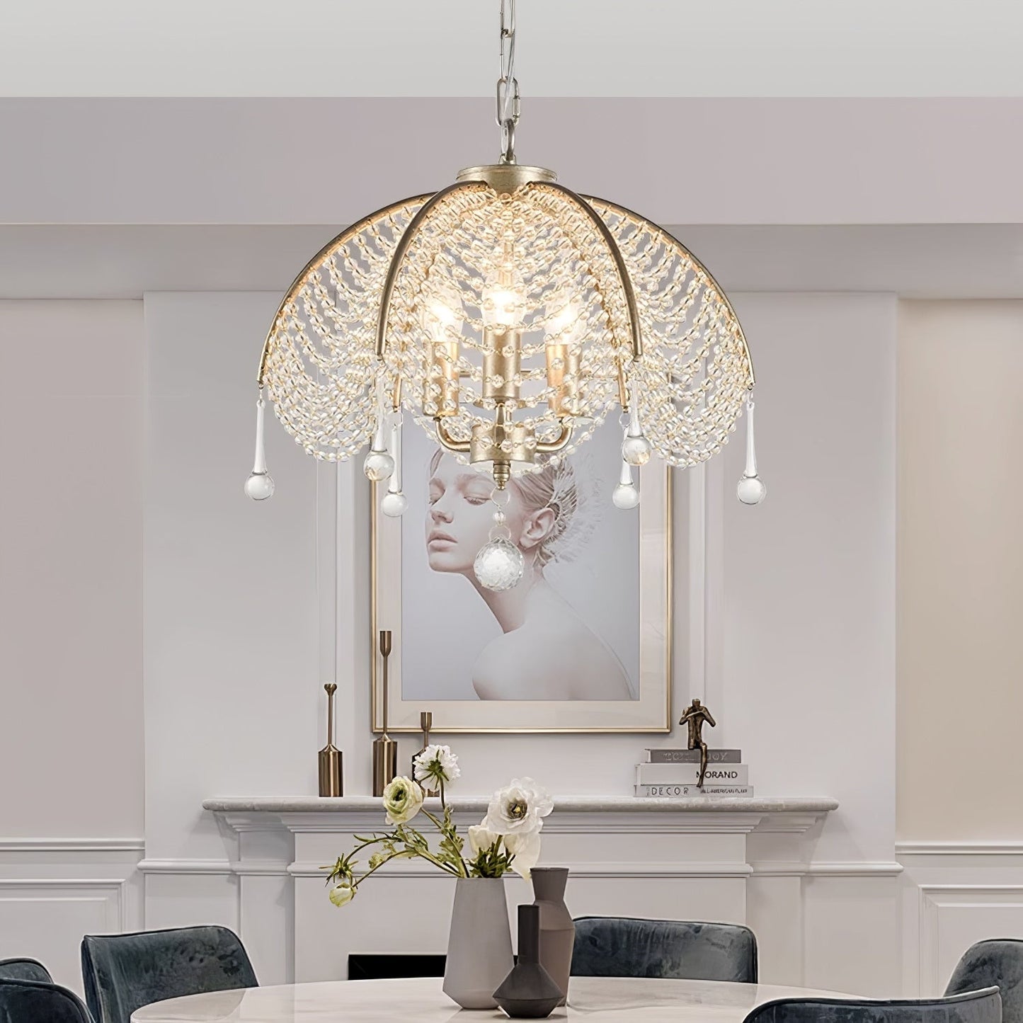 Regency Style Beads Chandelier - Gold Umbrella Frame & Crystal Beading