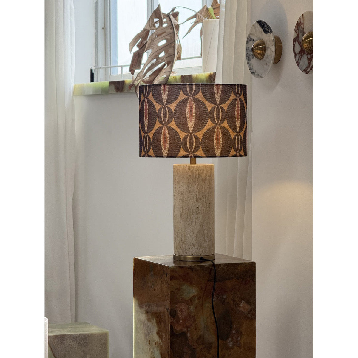 Remi Stone Table Lamp - Natural Travertine Marble & Linen Shade