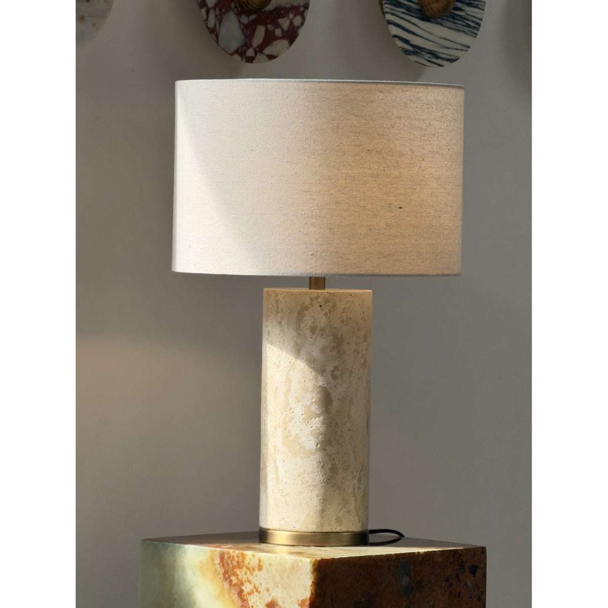 Remi Stone Table Lamp - Natural Travertine Marble & Linen Shade
