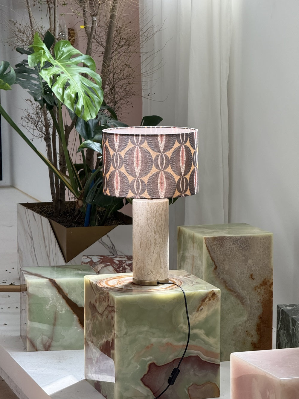 Remi Stone Table Lamp - Natural Travertine Marble & Linen Shade