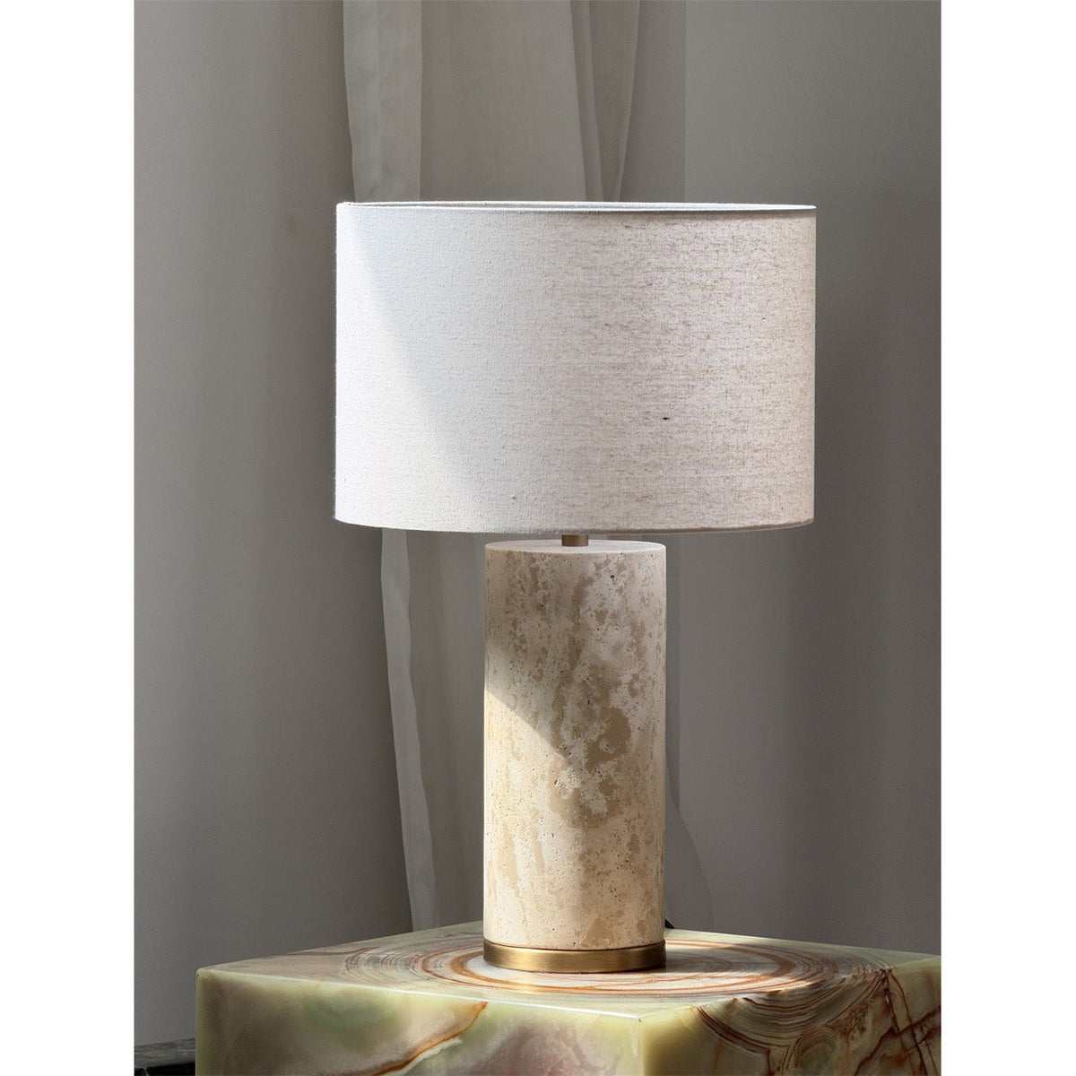Remi Stone Table Lamp - Natural Travertine Marble & Linen Shade