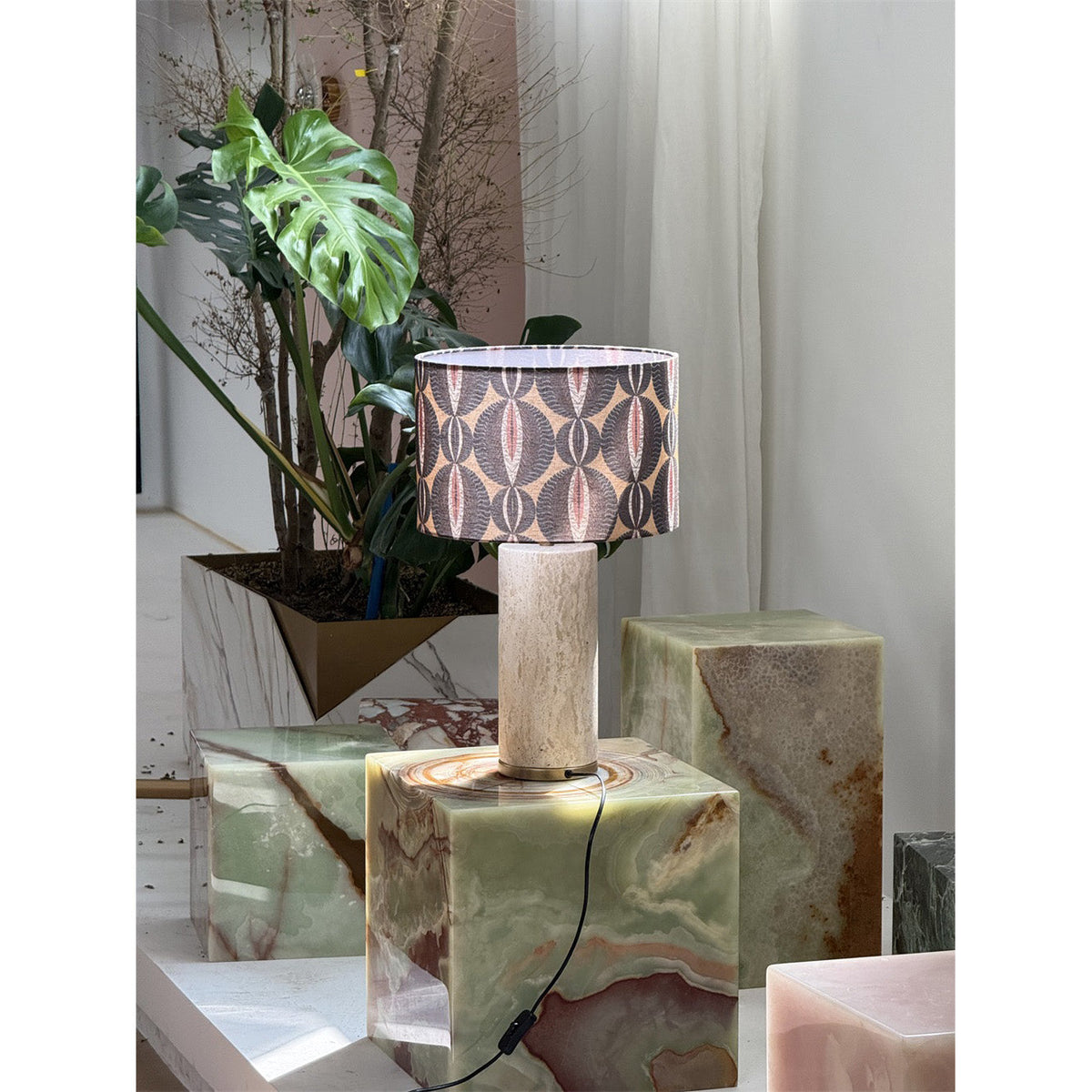 Remi Stone Table Lamp - Natural Travertine Marble & Linen Shade
