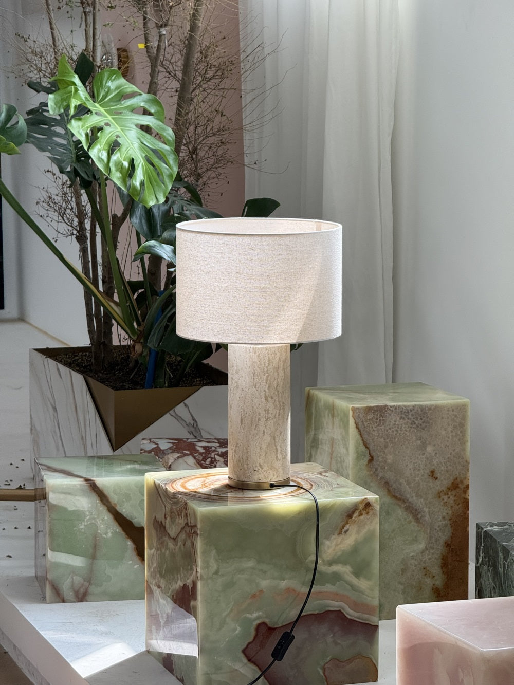 Remi Stone Table Lamp - Natural Travertine Marble & Linen Shade