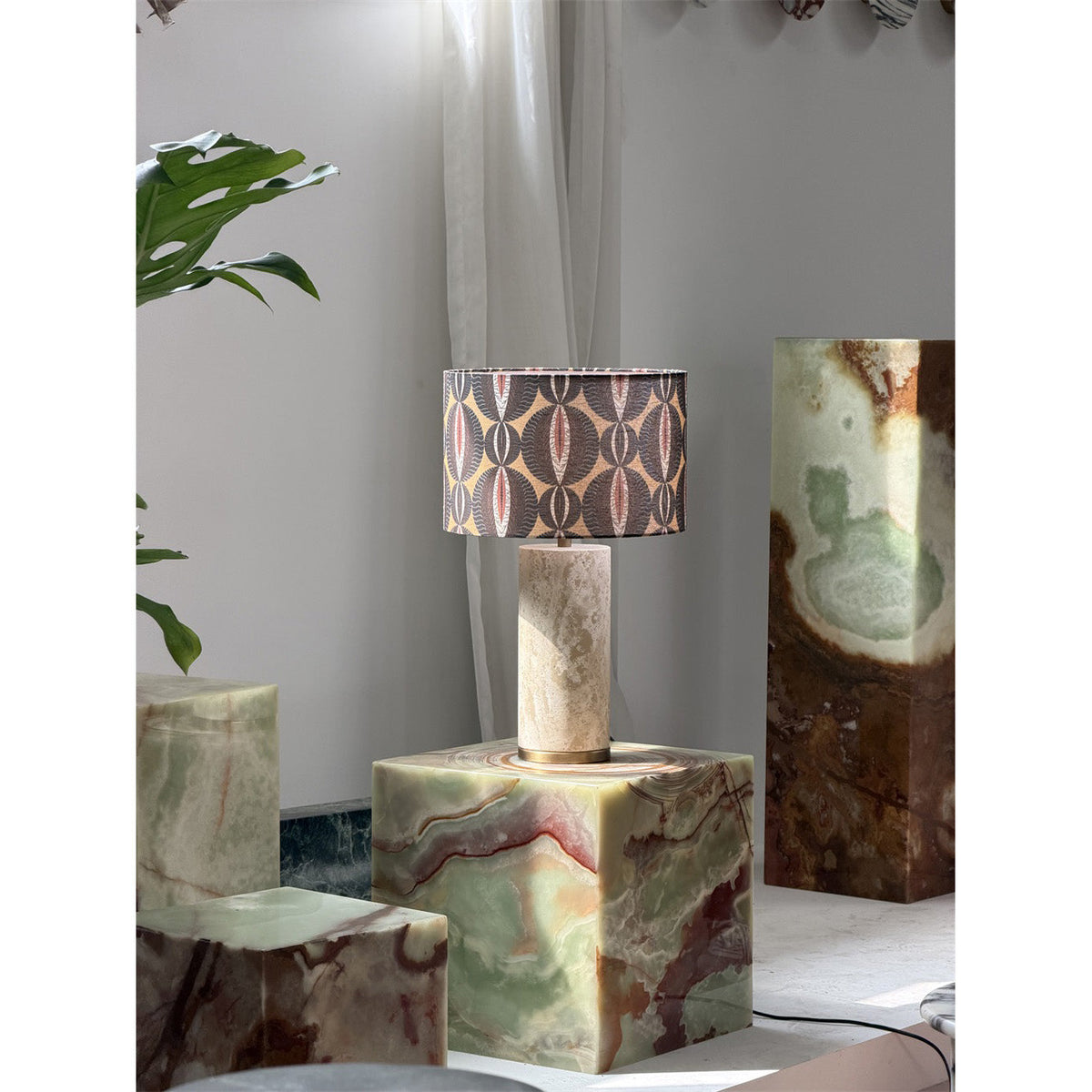 Remi Stone Table Lamp - Natural Travertine Marble & Linen Shade