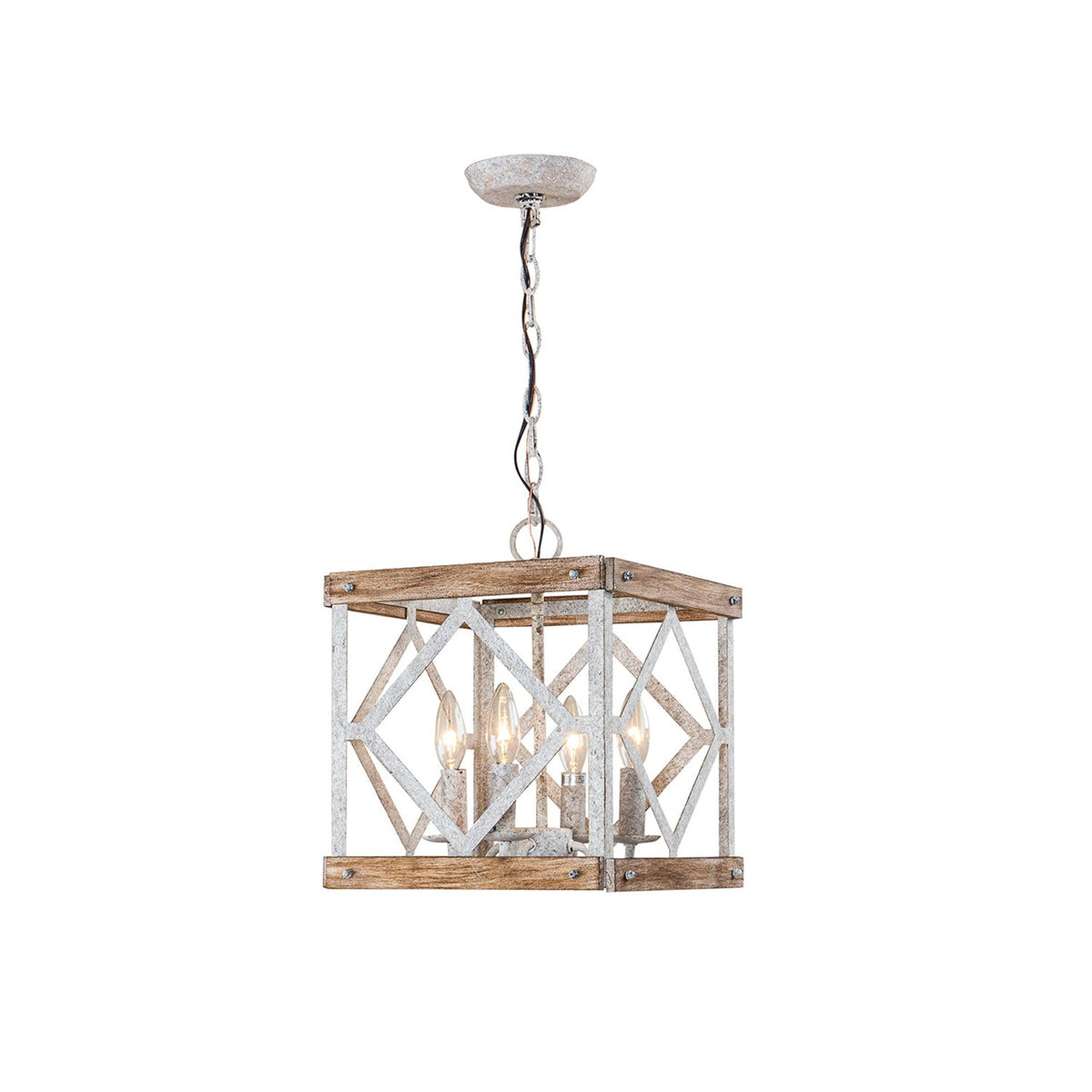 Remi 4-Light Pendant Lamp - Rustic Wooden Lantern & Metal Frame