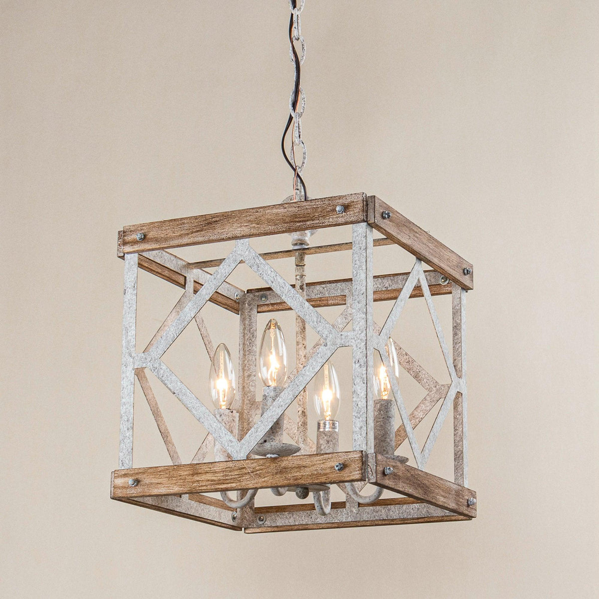 Remi 4-Light Pendant Lamp - Rustic Wooden Lantern & Metal Frame