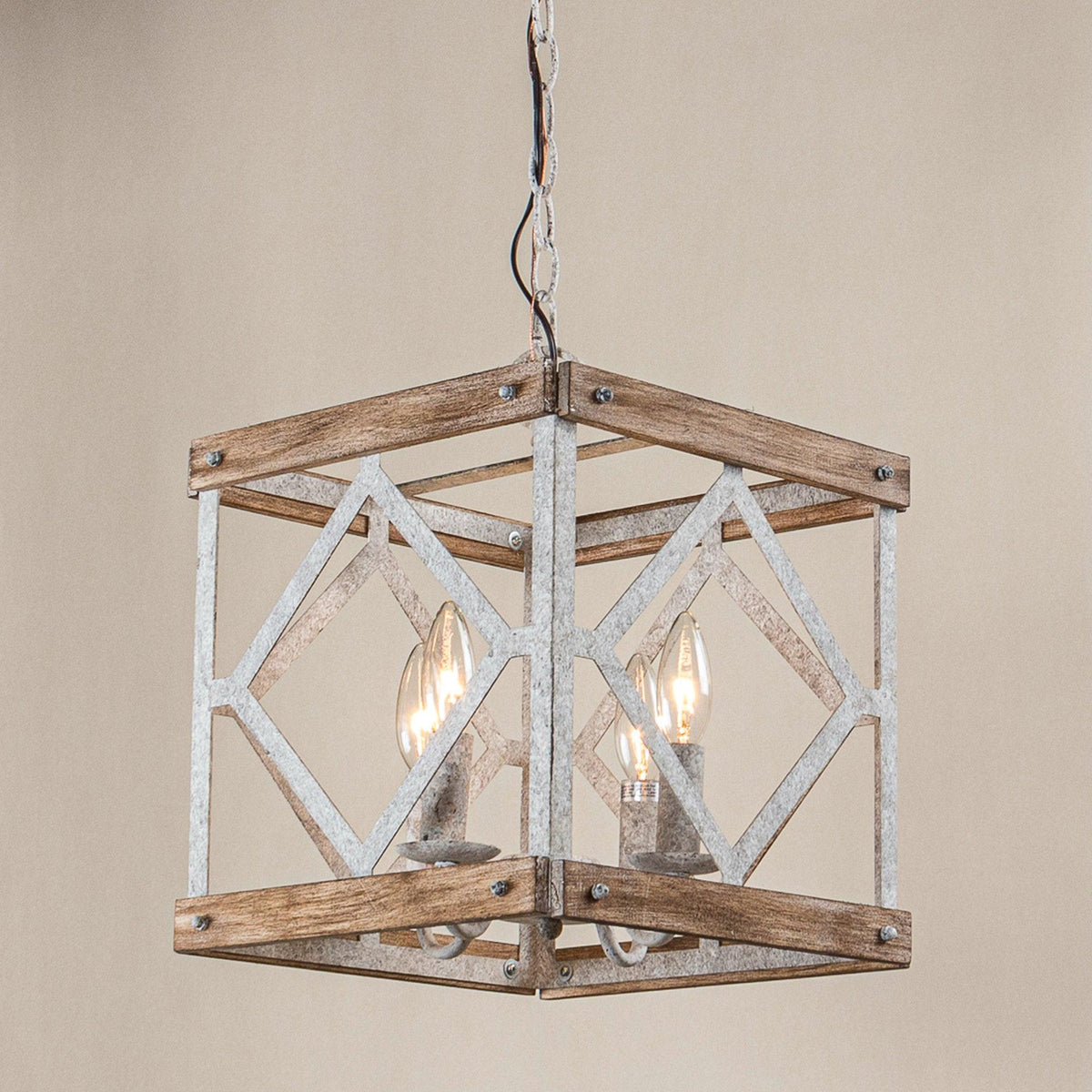 Remi 4-Light Pendant Lamp - Rustic Wooden Lantern & Metal Frame