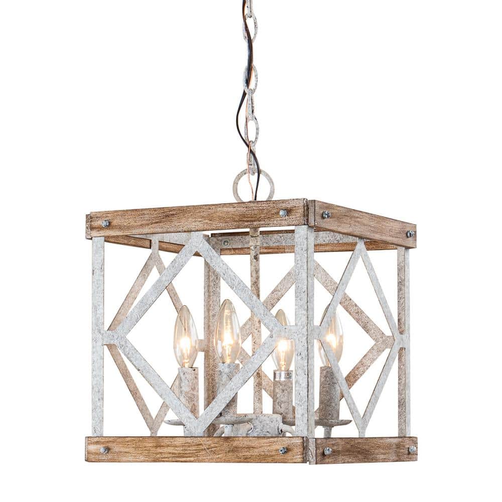 Remi 4-Light Pendant Lamp - Rustic Wooden Lantern & Metal Frame