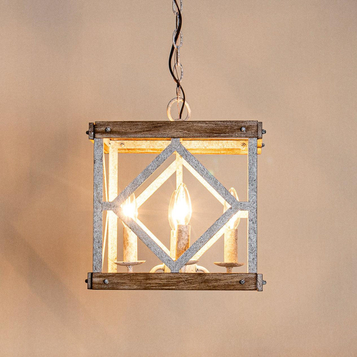 Remi 4-Light Pendant Lamp - Rustic Wooden Lantern & Metal Frame