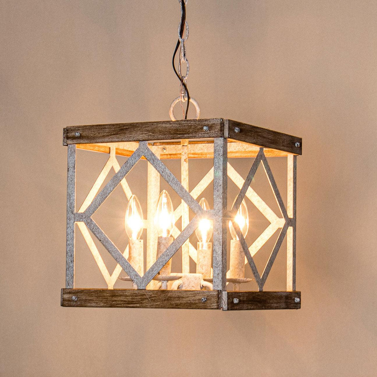 Remi 4-Light Pendant Lamp - Rustic Wooden Lantern & Metal Frame