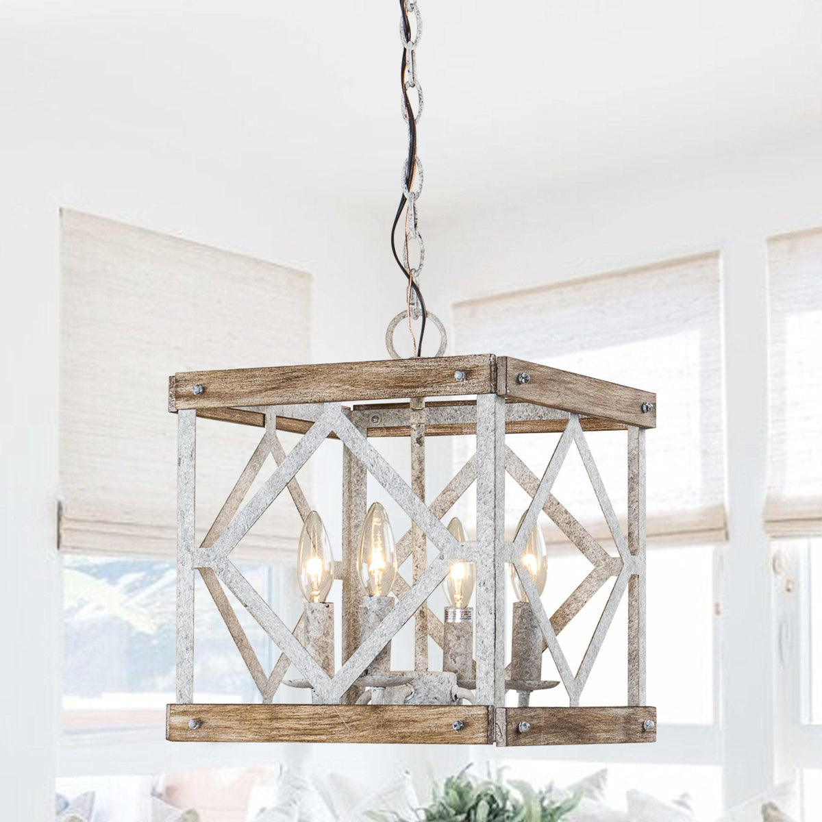 Remi 4-Light Pendant Lamp - Rustic Wooden Lantern & Metal Frame