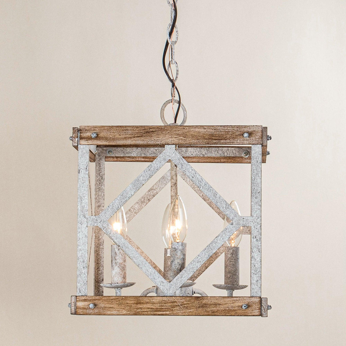 Remi 4-Light Pendant Lamp - Rustic Wooden Lantern & Metal Frame