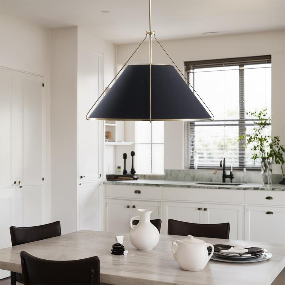 Remi Conical Pendant Lamp - Brass Cage & Black Linen Dual Shade