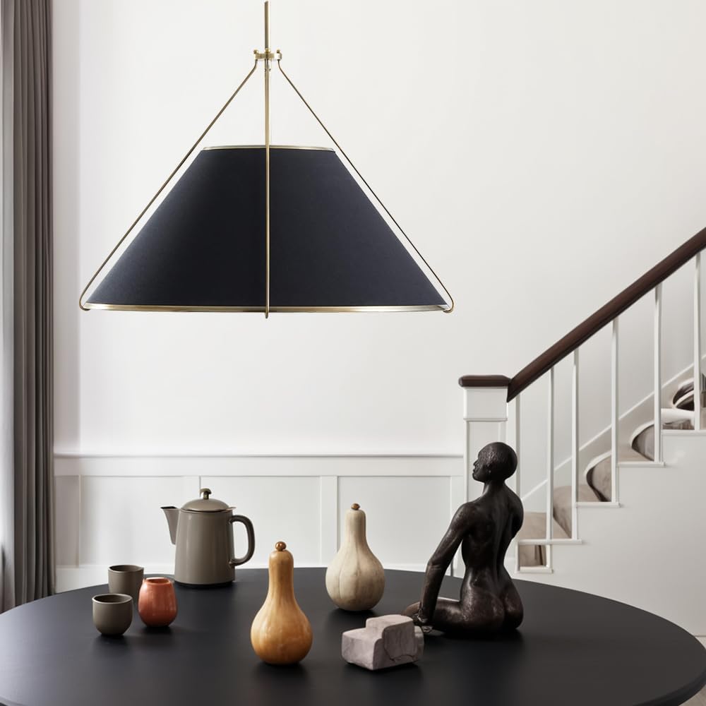 Remi Conical Pendant Lamp - Brass Cage & Black Linen Dual Shade