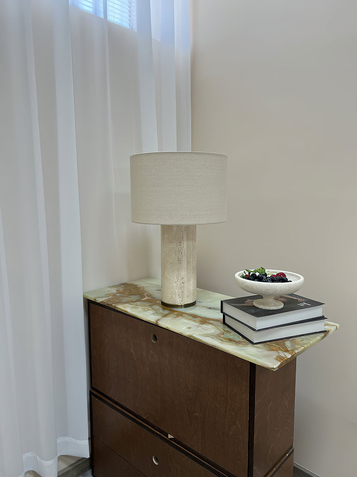 Remi Stone Table Lamp - Natural Travertine Marble & Linen Shade