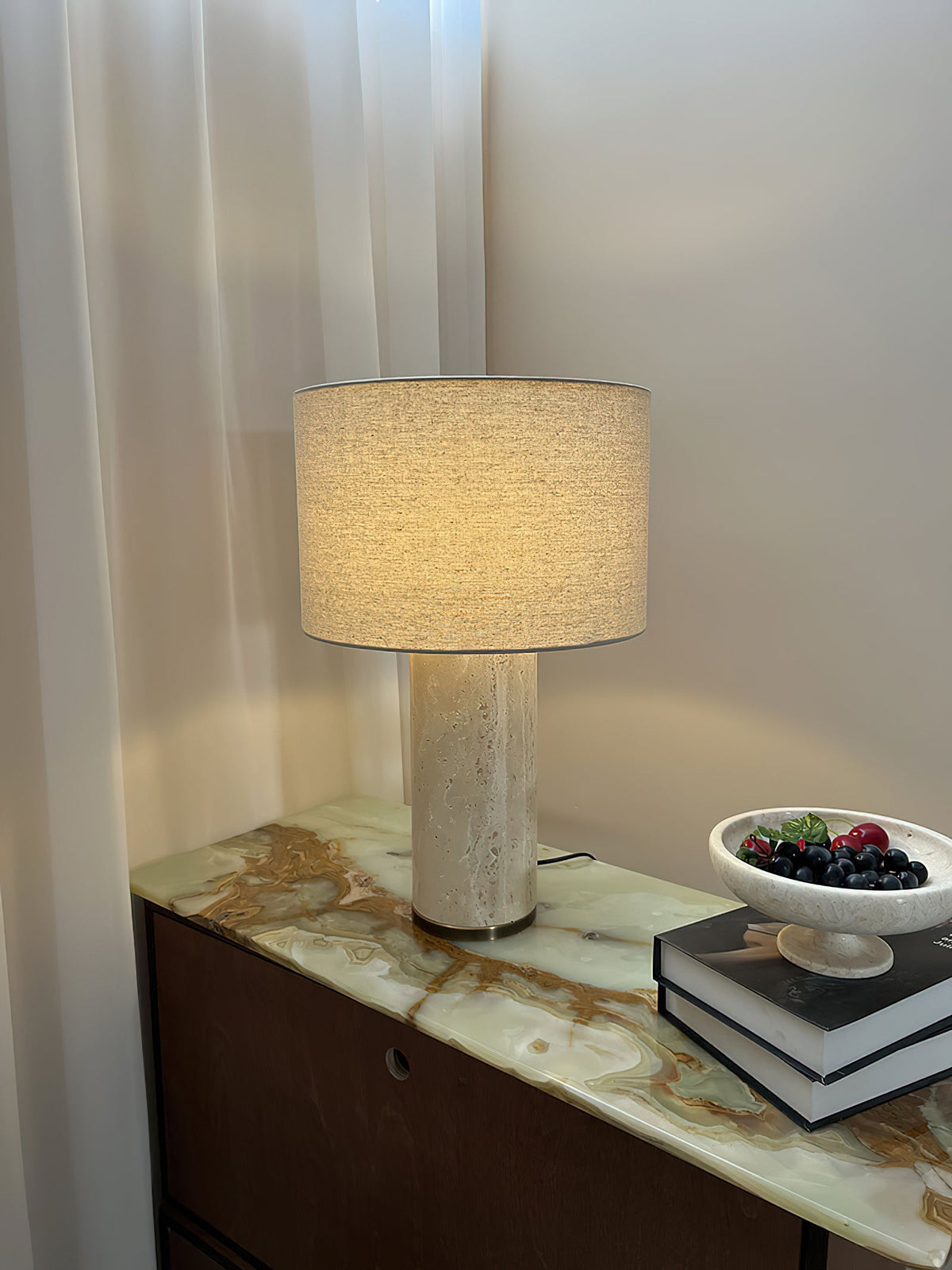 Remi Stone Table Lamp - Natural Travertine Marble & Linen Shade