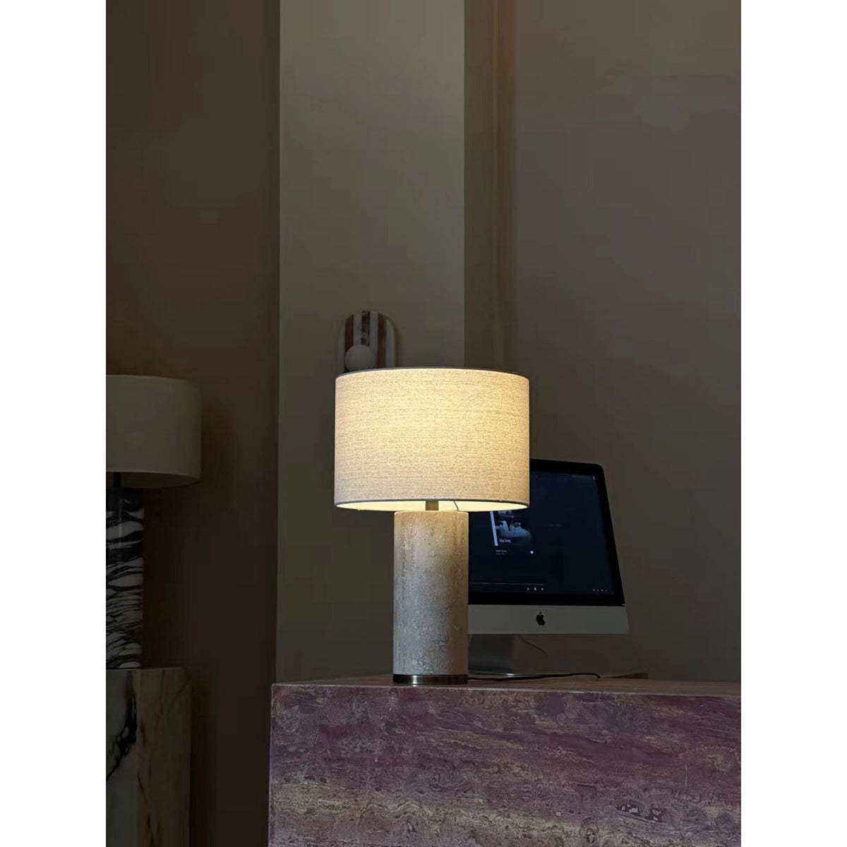 Remi Stone Table Lamp - Natural Travertine Marble & Linen Shade