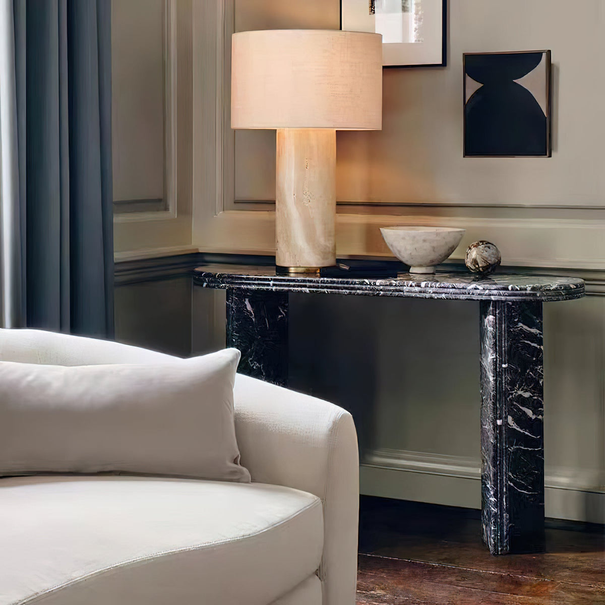 Remi Stone Table Lamp - Natural Travertine Marble & Linen Shade