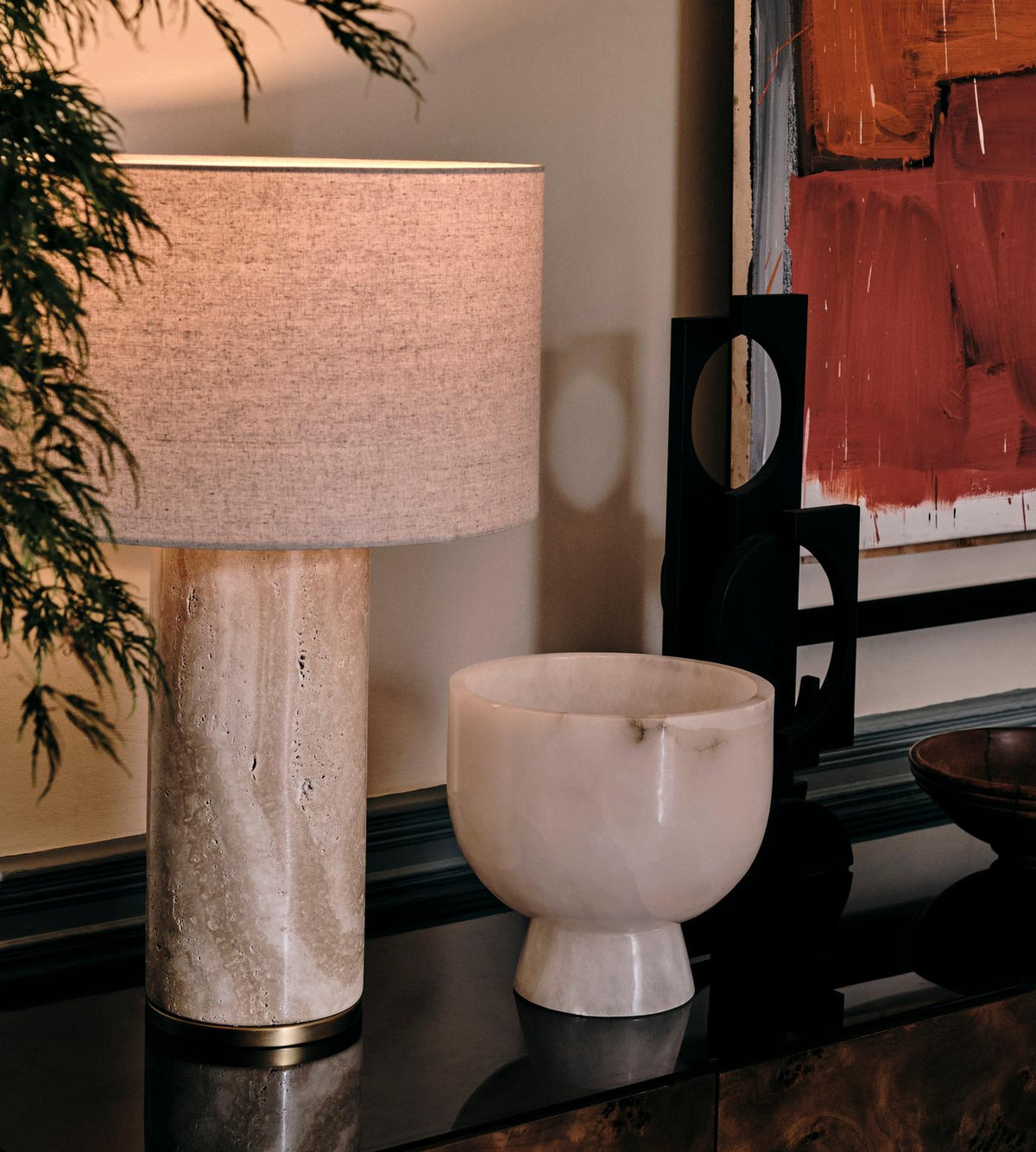 Remi Stone Table Lamp - Natural Travertine Marble & Linen Shade