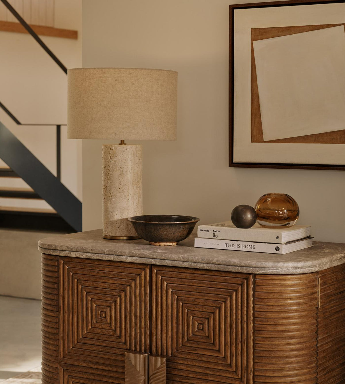 Remi Stone Table Lamp - Natural Travertine Marble & Linen Shade