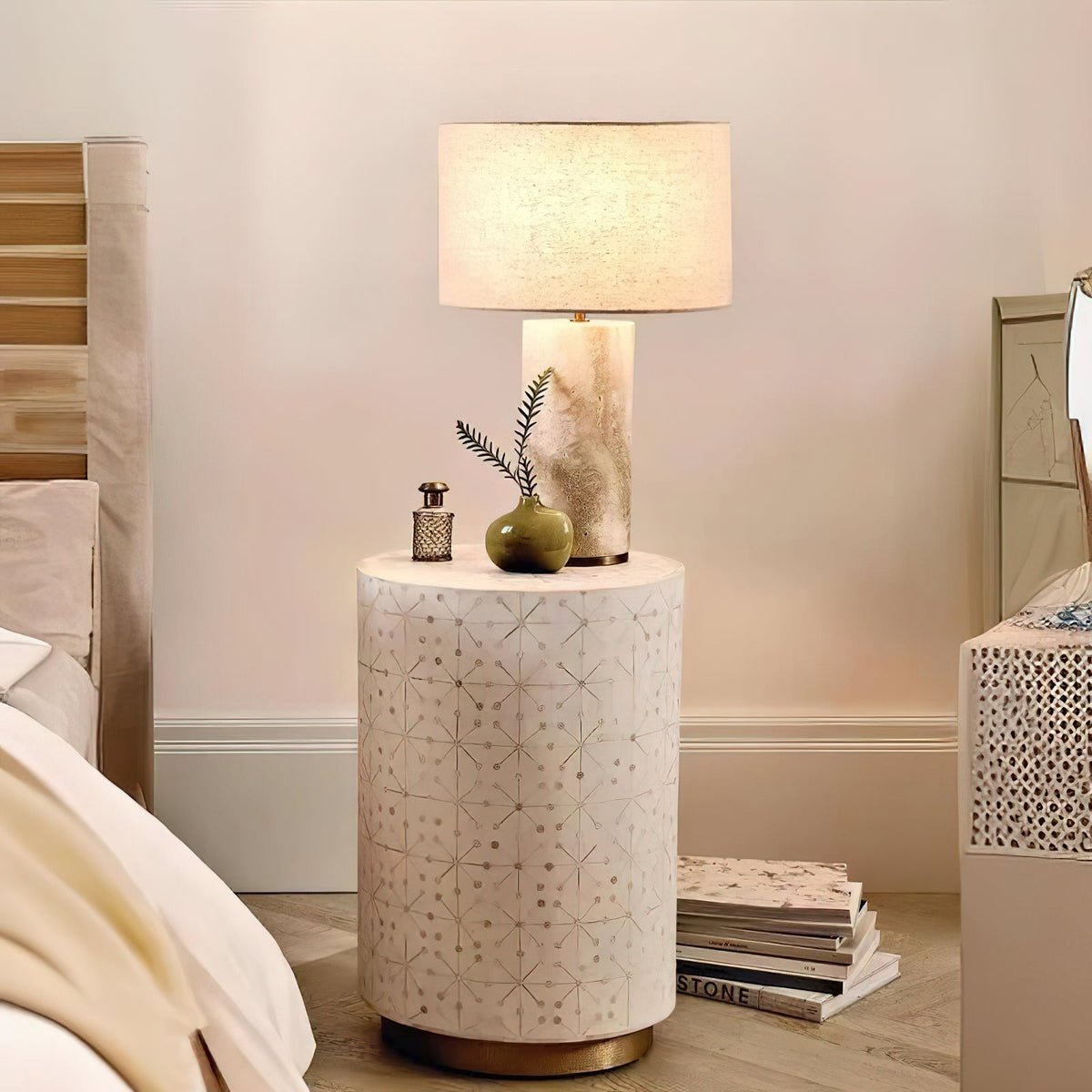 Remi Stone Table Lamp - Natural Travertine Marble & Linen Shade