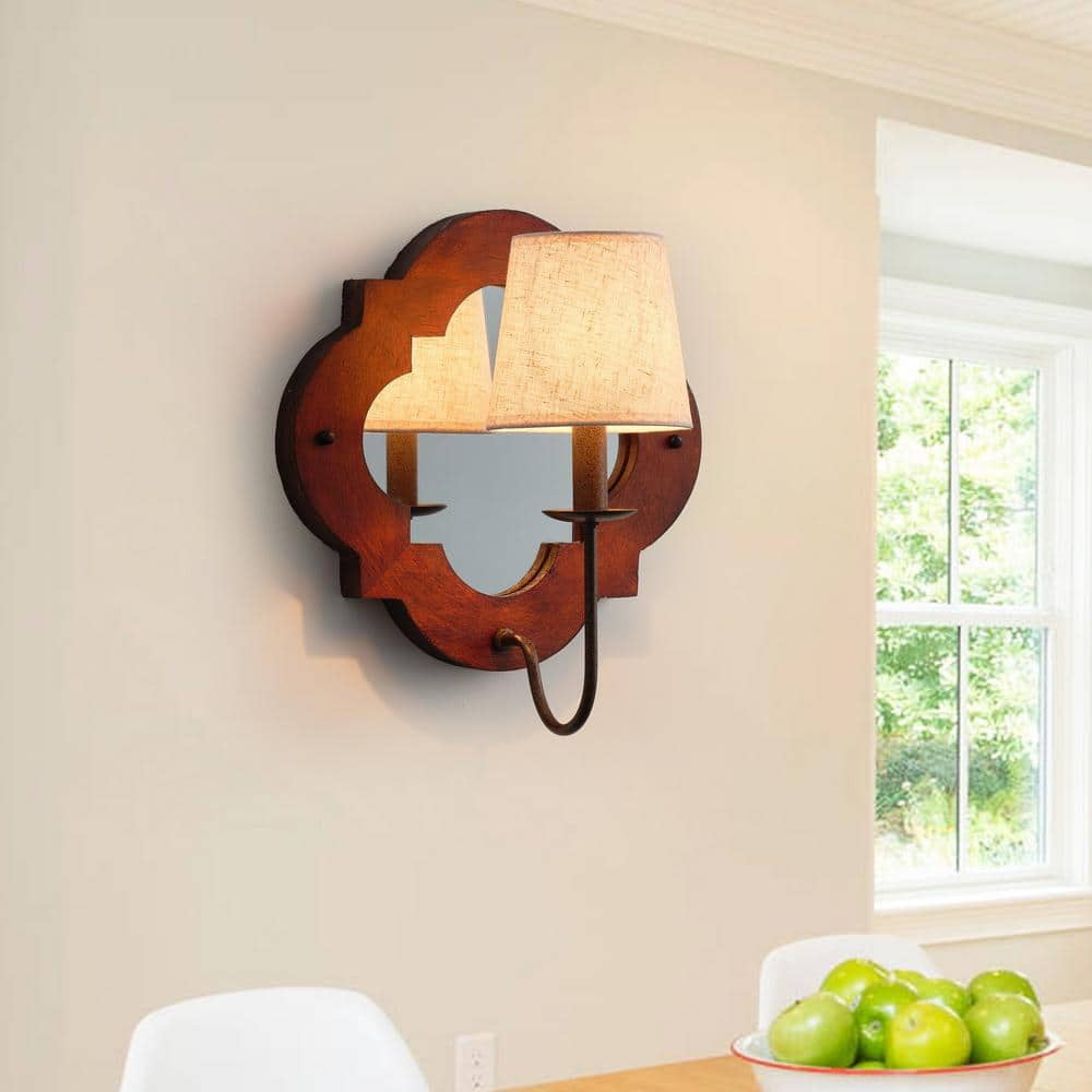 Rheam Wooden Wall Lamp - Rustic Mirrored Frame & Linen Shade