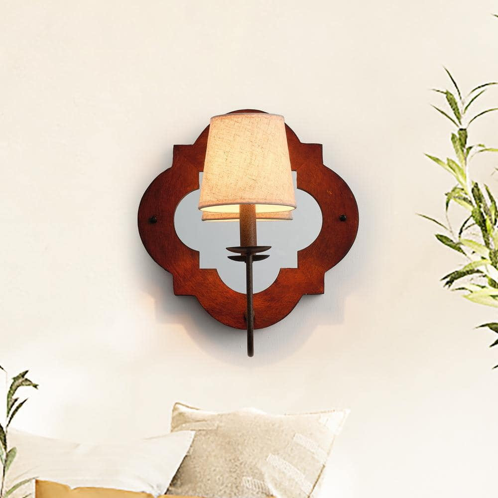 Rheam Wooden Wall Lamp - Rustic Mirrored Frame & Linen Shade