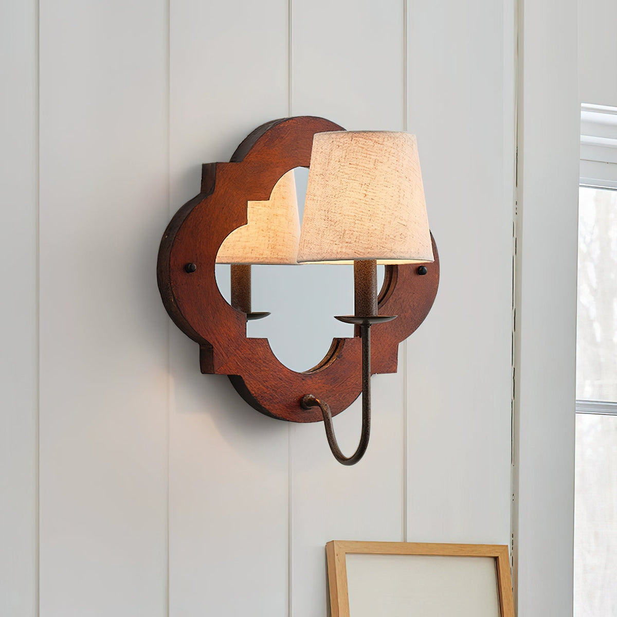 Rheam Wooden Wall Lamp - Rustic Mirrored Frame & Linen Shade