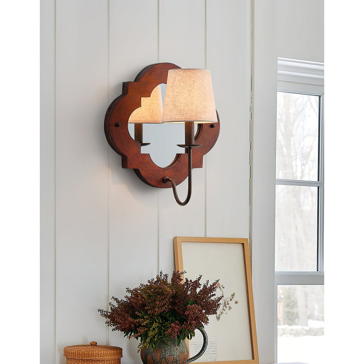 Rheam Wooden Wall Lamp - Rustic Mirrored Frame & Linen Shade