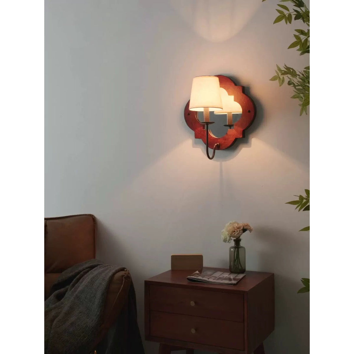Rheam Wooden Wall Lamp - Rustic Mirrored Frame & Linen Shade