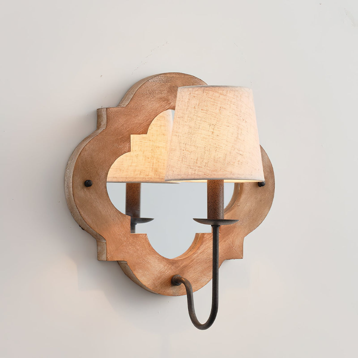 Rheam Wooden Wall Lamp - Rustic Mirrored Frame & Linen Shade