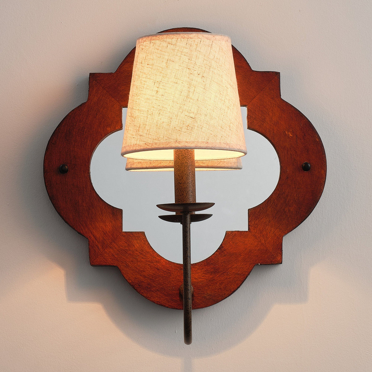 Rheam Wooden Wall Lamp - Rustic Mirrored Frame & Linen Shade