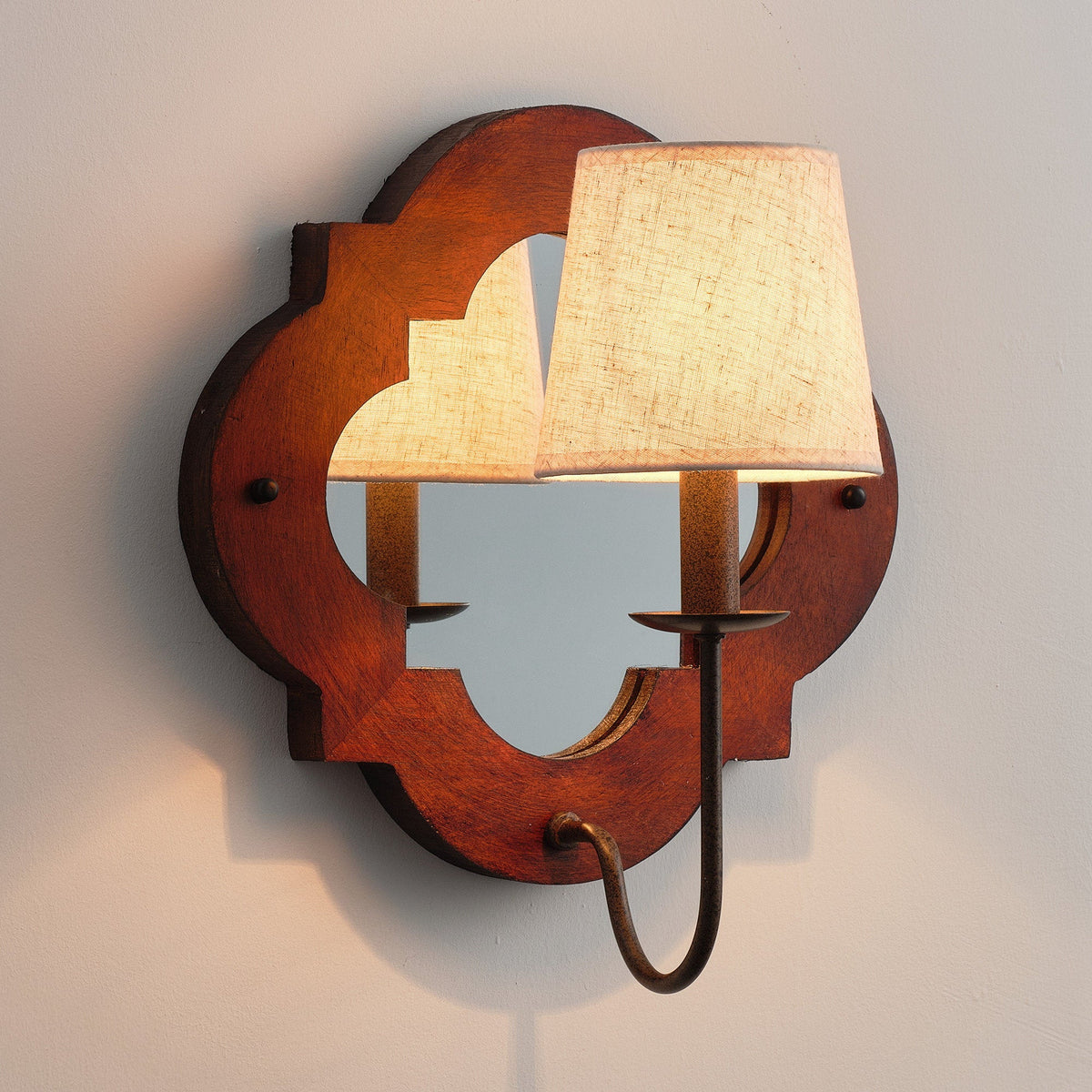 Rheam Wooden Wall Lamp - Rustic Mirrored Frame & Linen Shade