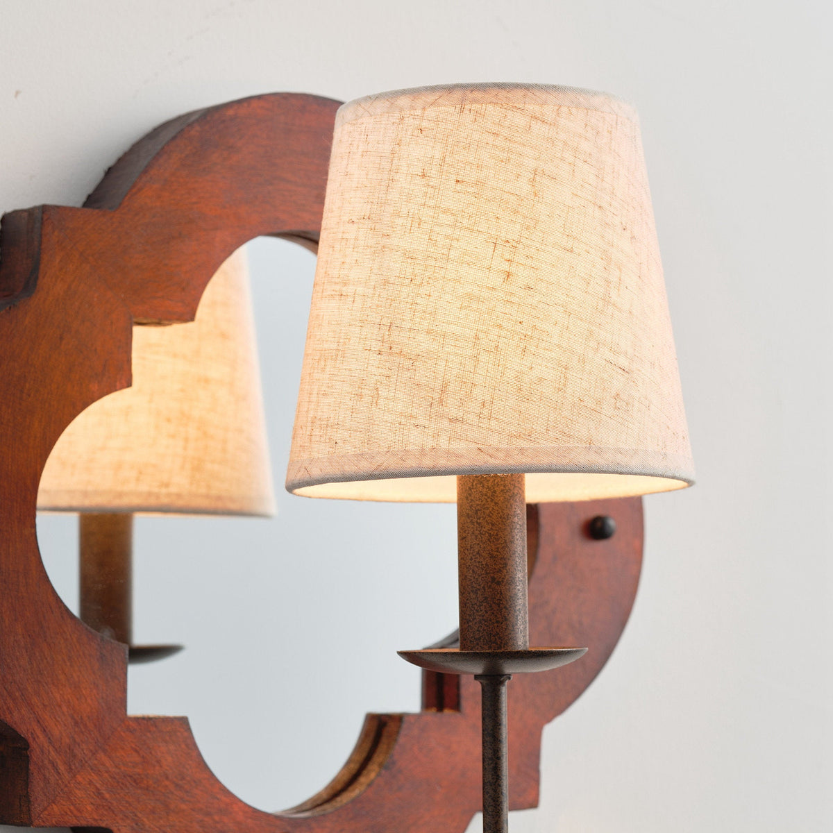 Rheam Wooden Wall Lamp - Rustic Mirrored Frame & Linen Shade